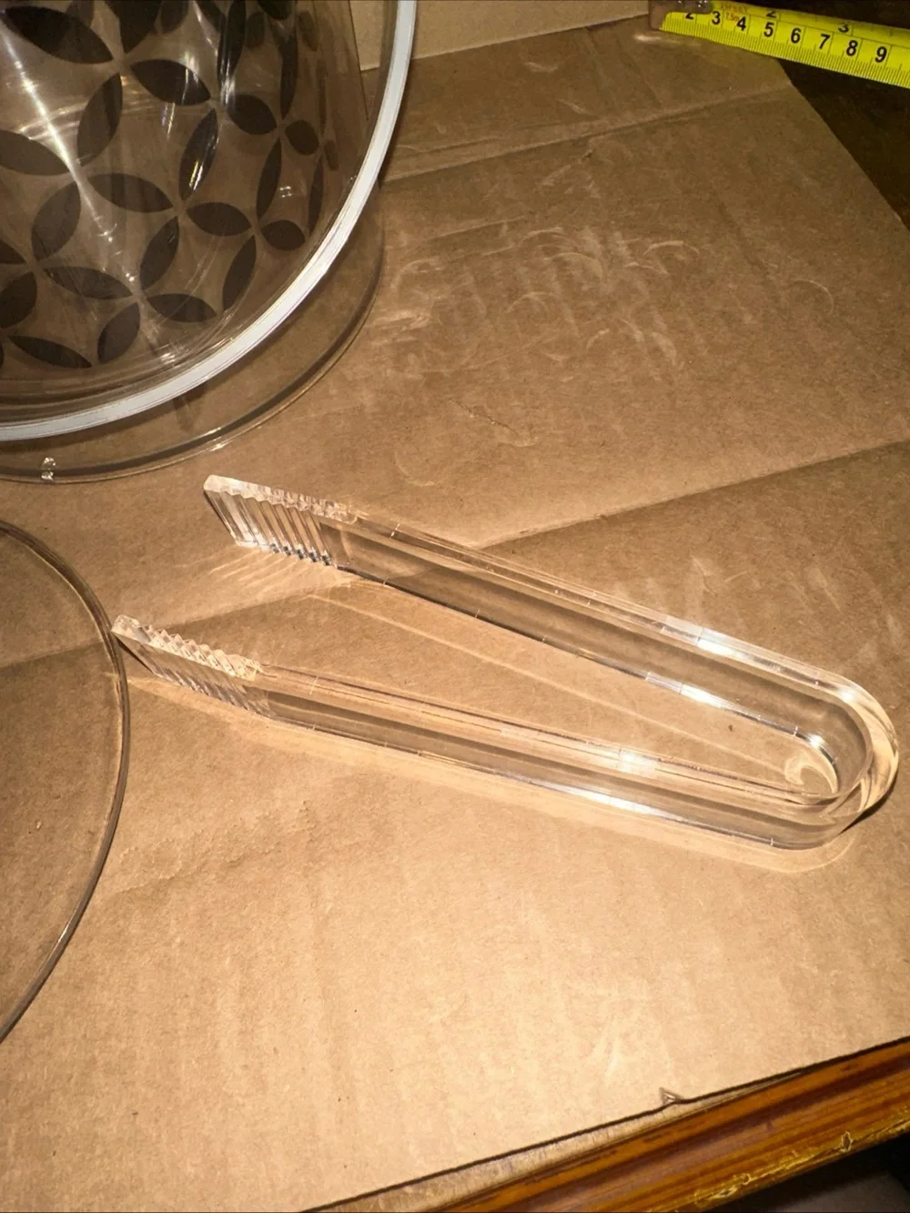 Clear plastic Ice Bucket with Decorative Monogram W with tongs